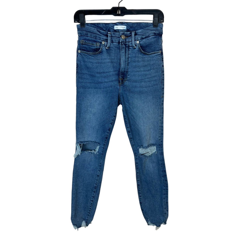 Good American Good Waist Crop Jeans 4 Distressed Skinny High Rise Chewed Hem 27